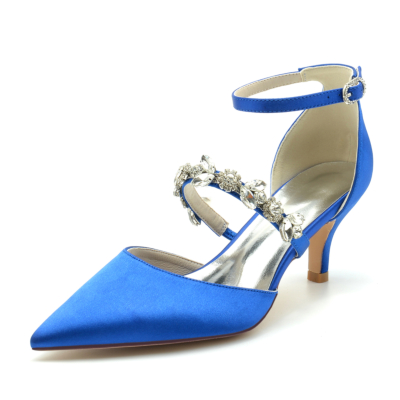 Royal Blue Satin D'orsay Pumps Zapatos de tacón de gatito para boda con correa de cristal