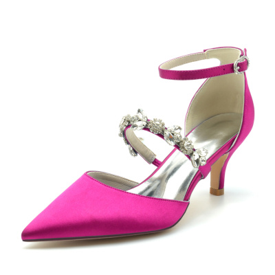 Zapatos de tacón D'orsay de satén fucsia para boda con correa de cristal