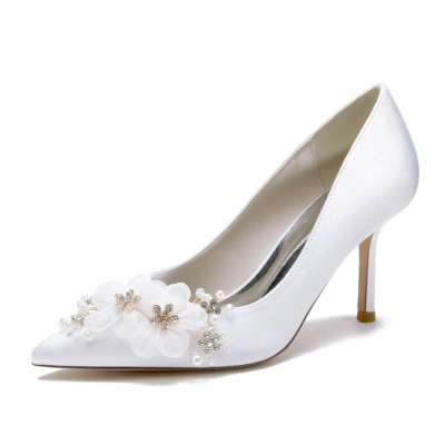 Zapatos de tacón bajo con flores de satén blanco para novia, zapatos de tacón bajo para boda