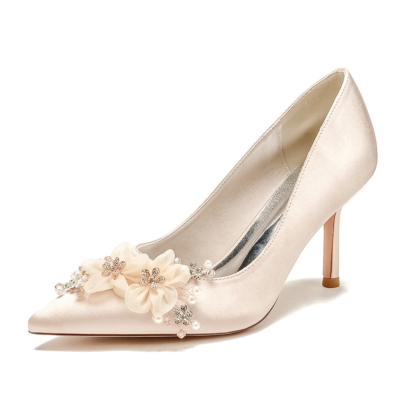 Zapatos de novia con flores de satén champán, zapatos de tacón bajo para boda