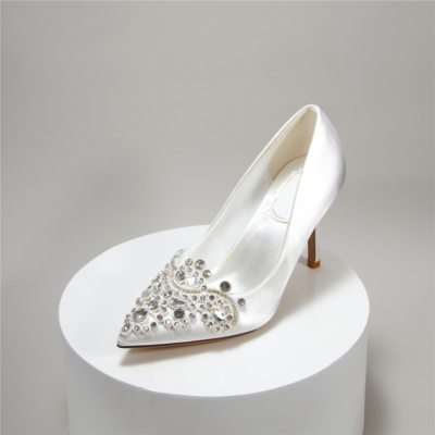 Zapatos de tacón de aguja de boda con diamantes de imitación y tacón de satén blanco para mujer