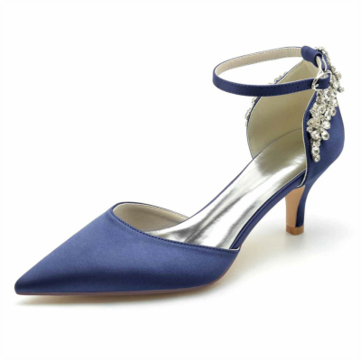 Zapatos de tacón de satén azul marino con correa de tobillo enjoyada D'orsay Heels Kitten Heel Pumps Shoes