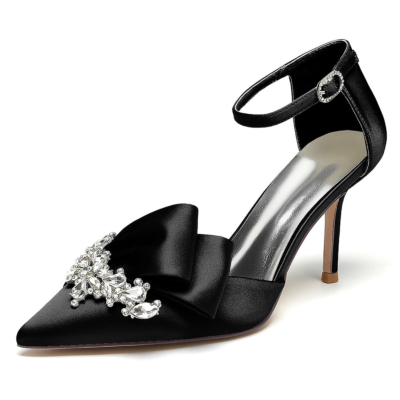 Zapatos de tacón de aguja con lazo D'orsay de satén negro con correa en el tobillo para boda