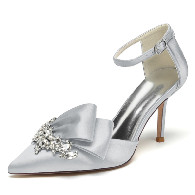 Zapatos de tacón de aguja con lazo D'orsay de satén plateado con correa en el tobillo para boda