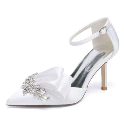 Zapatos de tacón de aguja con lazo D'orsay de satén blanco con correa en el tobillo para boda