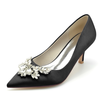 Zapatos de tacón con pedrería de satén negro Bombas de punta estrecha para bodas Tacón de gatito