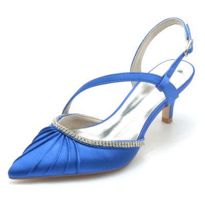 Zapatos de salón con tiras cruzadas enjoyadas de satén azul real con diamantes de imitación y punta estrecha