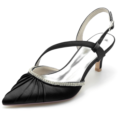 Zapatos de tacón de gatito con punta estrecha y pedrería de satén negro con pedrería