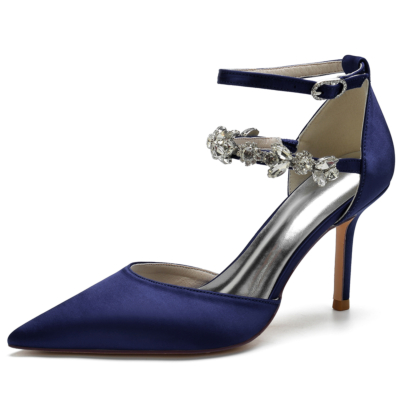 Zapatos de boda con correa en el tobillo y tacón de aguja con punta en punta de joyería de satén azul marino