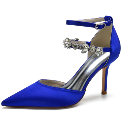 Joyas de satén azul real Punta estrecha Tacón de aguja Zapatos de tacón con correa en el tobillo Zapatos de boda