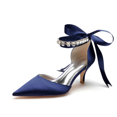 Zapatos de salón con tacón bajo en satén azul marino Zapatos Bow D'orsay con correa de cristal