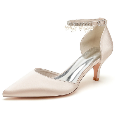 Zapatos de tacón de gatito de satén champán D'orsay con zapatos de boda con correa de tobillo de perlas