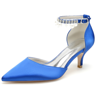 Zapatos de tacón D'orsay de satén azul real con zapatos de boda con correa en el tobillo de perlas