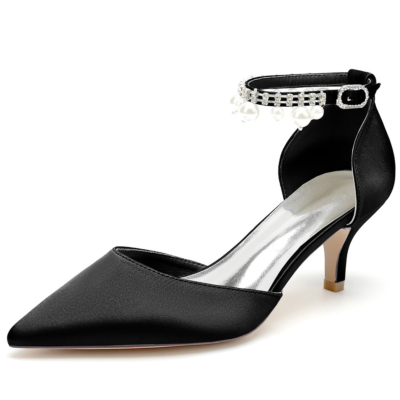 Zapatos de tacón de gatito de satén negro D'orsay con zapatos de boda con correa de tobillo de perlas
