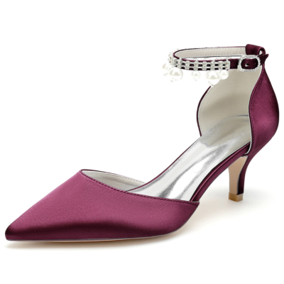 Zapatos de tacón de gatito de satén burdeos D'orsay con zapatos de boda con correa de tobillo de perlas