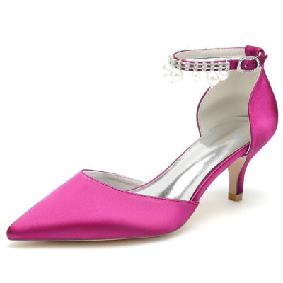 Zapatos de tacón de gatito de satén fucsia D'orsay con zapatos de boda con correa de tobillo de perlas