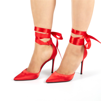 Zapatos de boda de tacón puntiagudo D'orsay con cordones de satén rojo