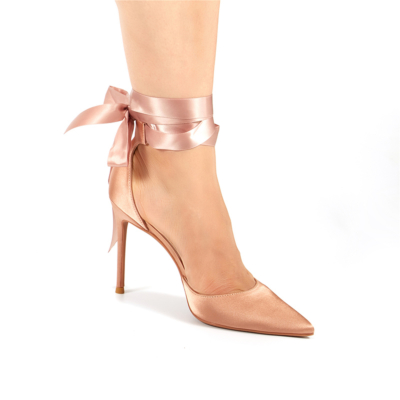 Zapatos de boda con tacón en punta y cordones de satén rosa D'orsay