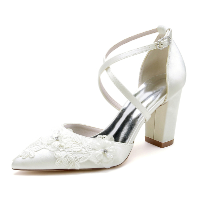 Ivory Satin Lace Flowers Cross Strap Bride‘s Shoes Chunky Heel Pumps