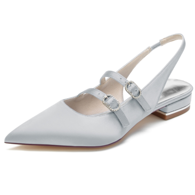 Zapatos planos plateados de raso Mary Jane con tira trasera en punta