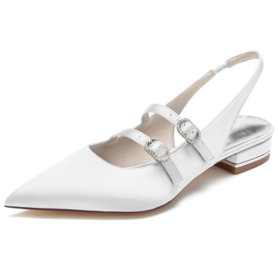 Zapatos planos de satén blanco Mary Jane Slingback con punta en punta