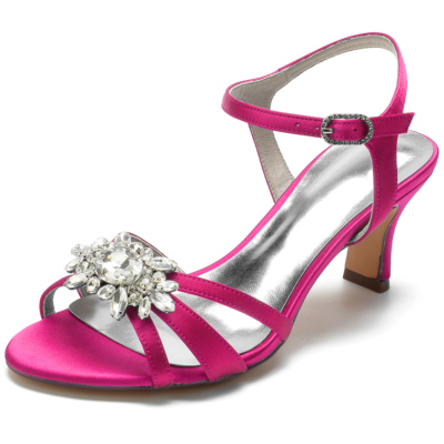 Sandalias de tacón destalonado con diamantes de imitación y punta abierta de satén rosa, zapatos de boda
