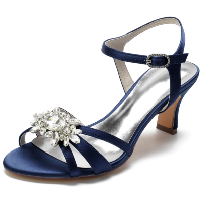 Sandalias de tacón destalonado con diamantes de imitación y punta abierta de satén azul marino Zapatos de boda