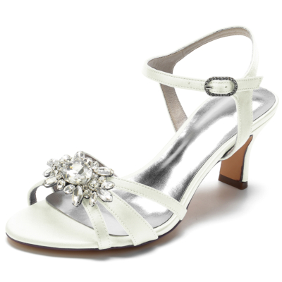 Sandalias de tacón destalonado con diamantes de imitación y punta abierta de satén color marfil, zapatos de boda