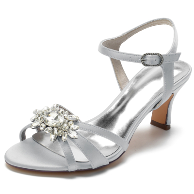 Sandalias de tacón destalonado con diamantes de imitación y punta abierta de satén plateado, zapatos de boda
