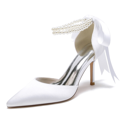 White Satin Pearl Ankle Strap Pointed Toe Stiletto Heel Lace up Wedding Shoes