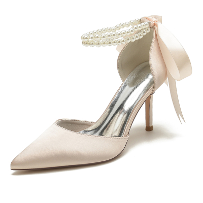 Champagne Satin Pearl Ankle Strap Pointed Toe Stiletto Heel Lace up Wedding Shoes