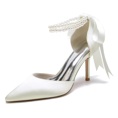 Ivory Satin Pearl Ankle Strap Pointed Toe Stiletto Heel Lace up Wedding Shoes