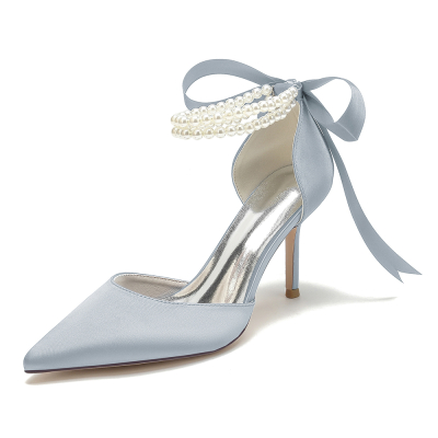 Silver Satin Pearl Ankle Strap Pointed Toe Stiletto Heel Lace up Wedding Shoes