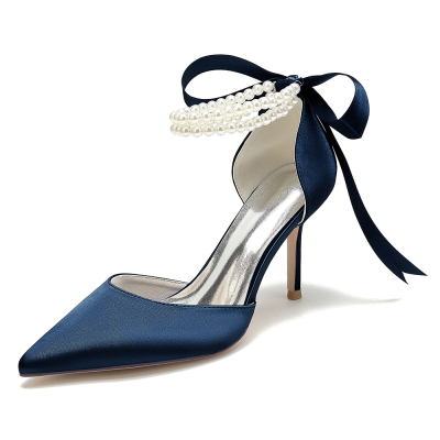 Navy Satin Pearl Ankle Strap Pointed Toe Stiletto Heel Lace up Wedding Shoes