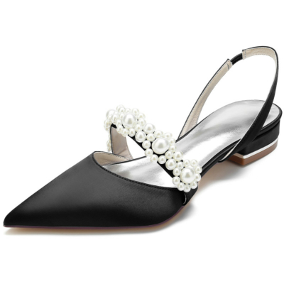 Zapatos planos de novia con adornos de perlas de satén negro y puntiagudos