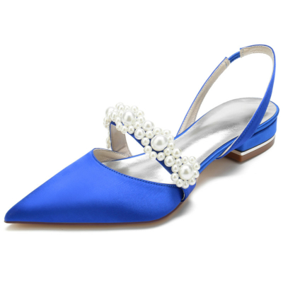 Royal Blue Satin Pearl Embellishments Flats Punta estrecha Slingbacks Zapatos planos de novia