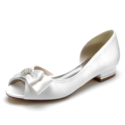 Zapatos planos peep toe de satén blanco Zapatos de boda cómodos con lazo