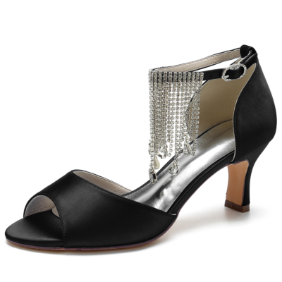 Sandalias de tacón con correa en el tobillo con flecos de diamantes de imitación y punta abierta de satén negro para mujer
