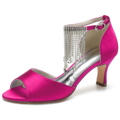 Sandalias de tacón con tira al tobillo y flecos de diamantes de imitación con puntera al descubierto de satén rosa para mujer