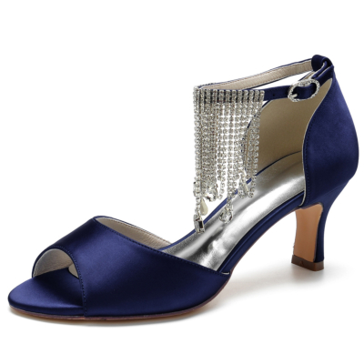 Sandalias de tacón con tira al tobillo y flecos de diamantes de imitación con puntera abierta en satén azul marino para mujer