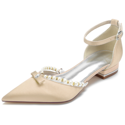 Zapatos planos de novia con lazo y perlas en el tobillo con correa en el tobillo y punta estrecha de satén Champange