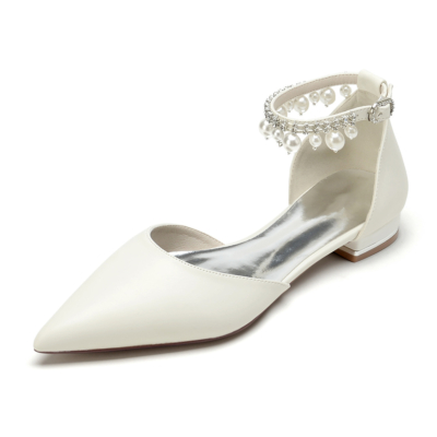 Zapatos planos de boda con correa en el tobillo y punta estrecha de satén blanco marfil