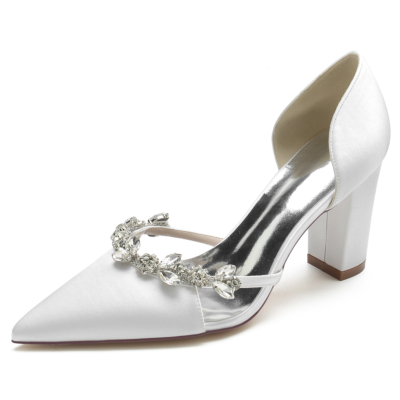 Zapatos de novia con punta en punta de satén y tacón grueso con diamantes de imitación, zapatos de tacón D'orsay