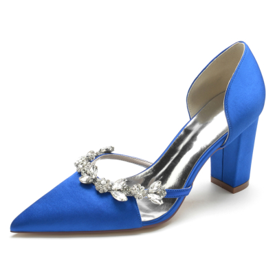 Zapatos de Novia en Satén Azul Real con Tacón Grueso y Joyas en Forma de Piedras Preciosas en la Parte Delantera