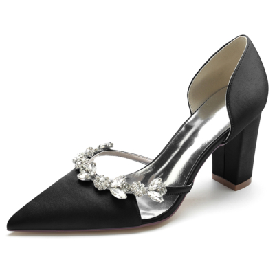 Satén negro puntiagudo tacón grueso joyería de diamantes de imitación D'orsay bombas zapatos de novia