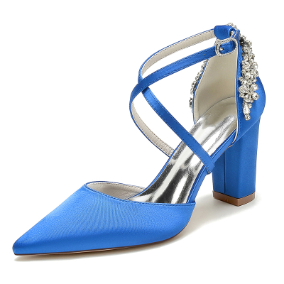 Royal Blue Satin Pointed Toe Cross Strap Wedding Pumps Chunky Heel Shoes