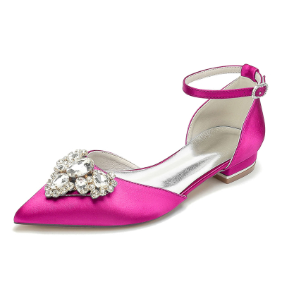 Magenta Satin Pointed Toe Flat Ankle Strap Wedding Shoes