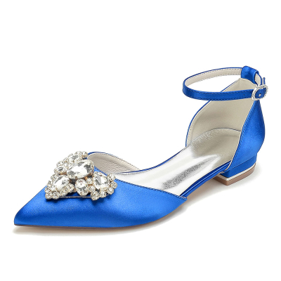 Royal Blue Satin Pointed Toe Flat Ankle Strap Wedding Shoes