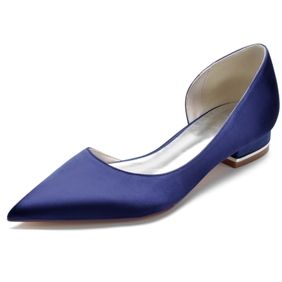 Zapatos planos con punta en punta de satén azul marino