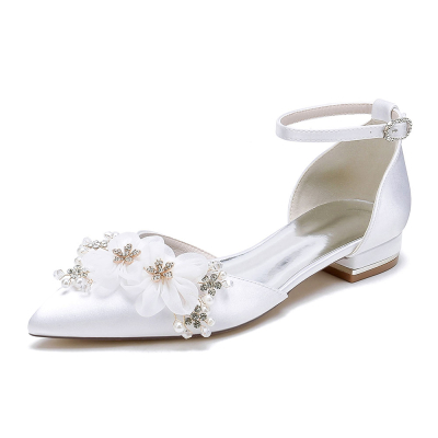 White Satin Pointed Toe Flowers Ankle Strap Flat Wedding Shoes